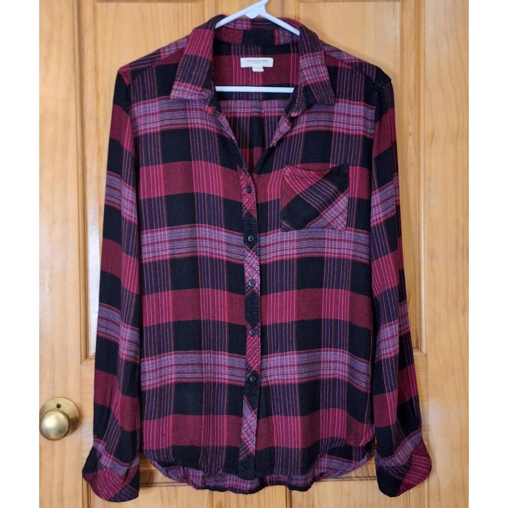 beachlunchlounge Maroon and Black Plaid Button Down Shirt